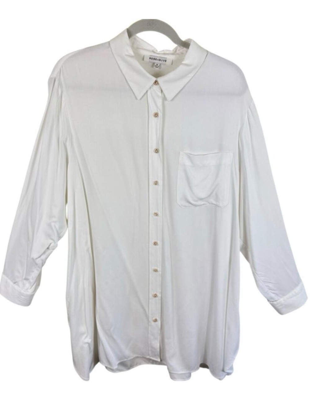 Rose + Olive White Long Roll Tab Sleeve Collared Lightweight Button Up‎ Tunic 1X
